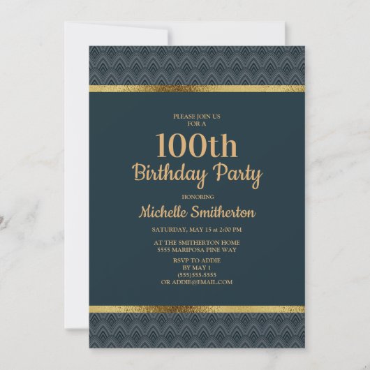 Invitation Navy Blue Gold 100e fête d'anniversaire (Devant)
