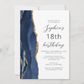 Invitation Navy Blue Gold Agate Script 18th Birthday (Devant)
