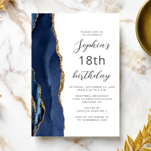 Invitation Navy Blue Gold Agate Script 18th Birthday
