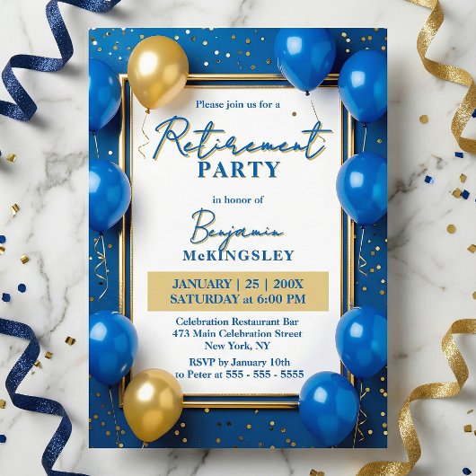 Invitation Navy Blue Gold Balloons Confetti Retirement Party