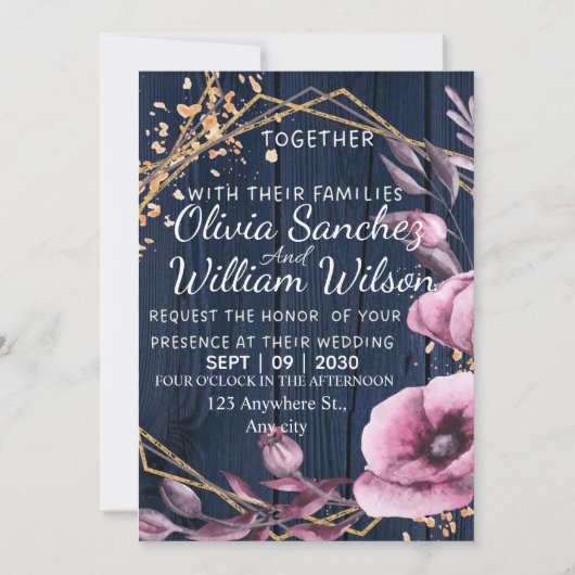 Invitation Navy Blue Gold Blush Pink Country Wedding (Devant)