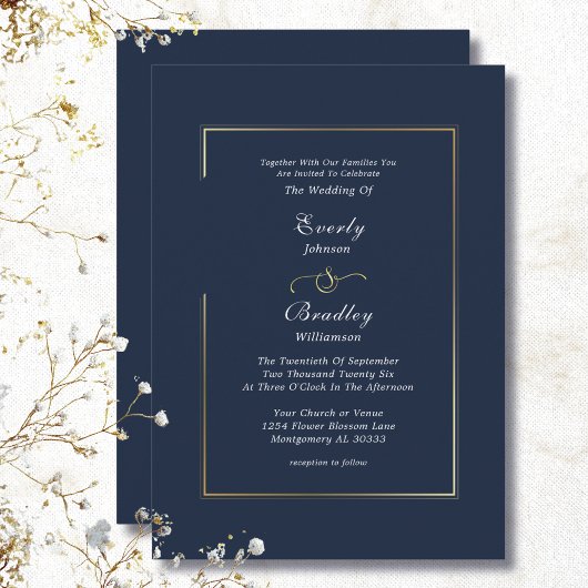 Invitation Navy Blue Gold Border Minimal Elegant Wedding