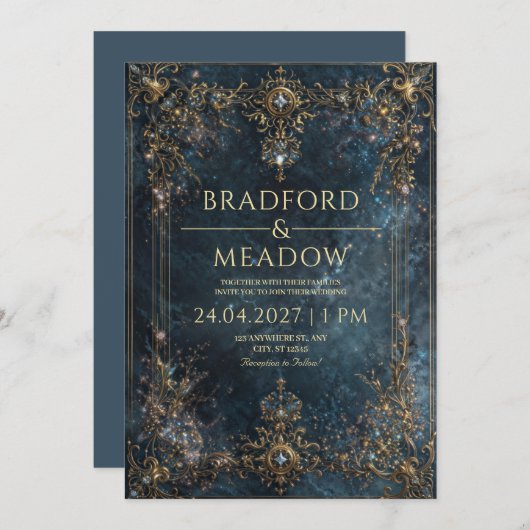 Invitation Navy Blue Gold Celestial Starry Night Wedding (Devant / Derrière)