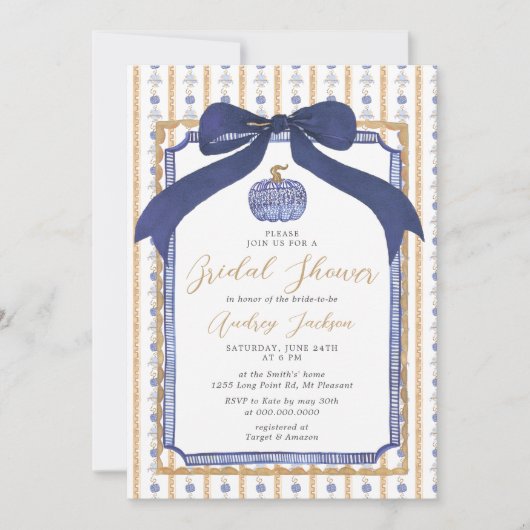 Invitation Navy Blue & Gold Chinoiserie Pumpkin Bridal Shower (Devant)