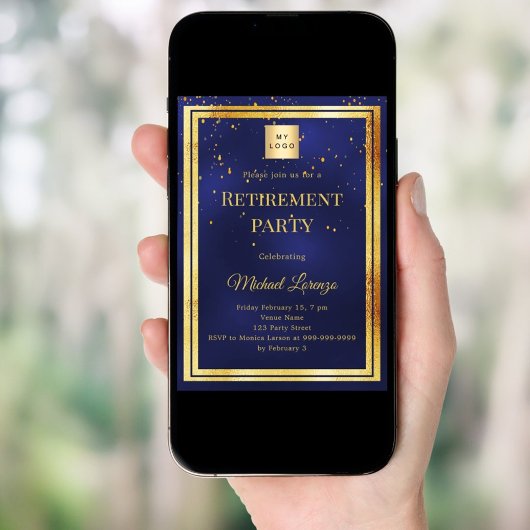 Invitation Navy blue gold confetti retirement business logo