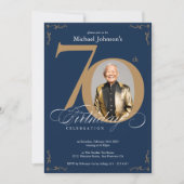 Invitation Navy Blue Gold Elegant Photo 70th Birthday Party (Devant)