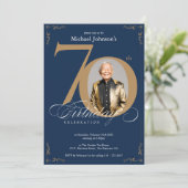 Invitation Navy Blue Gold Elegant Photo 70th Birthday Party (Debout devant)