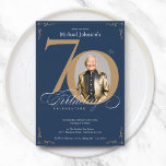 Invitation Navy Blue Gold Elegant Photo 70th Birthday Party<br><div class="desc">Black Gold Elegant Photo 70th Birthday Party Invitation. Une invitation spéciale à fêter un anniversaire élégamment conçue, avec une photo personnalisée de personne d'anniversaire et de calligraphie script avec des éléments florissants vintages. Assez simple pour s'adapter à une variété de thèmes et de couleurs ! Besoin d'aide ? Contactez-moi !...</div>