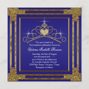 Invitation Navy Blue Gold et Tiara Sweet 15 Quinceanera