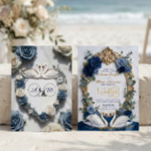 Invitation Navy Blue & Gold Faux Glitz Floral Formal Wedding