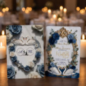 Invitation Navy Blue & Gold Faux Glitz Floral Formal Wedding