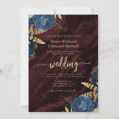 Invitation Navy Blue Gold Floral Burgundy QR Code Wedding (Devant)