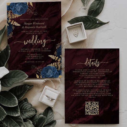 Invitation Navy Blue Gold Floral Burgundy QR Code Wedding