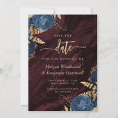 Invitation Navy Blue Gold Floral Burgundy Save the Date (Devant)