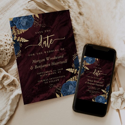 Invitation Navy Blue Gold Floral Burgundy Save the Date
