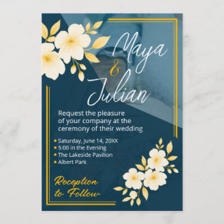 Invitation Navy Blue Gold Floral Photo Wedding