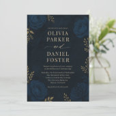 Invitation Navy Blue Gold Floral Wedding (Debout devant)