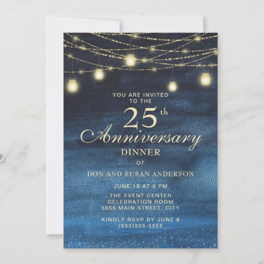 Invitation Navy Blue Gold Glitter 25e Anniversaire de Mariage (Devant)