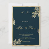Invitation Navy blue gold glitter leaf floral Wedding  (Devant)