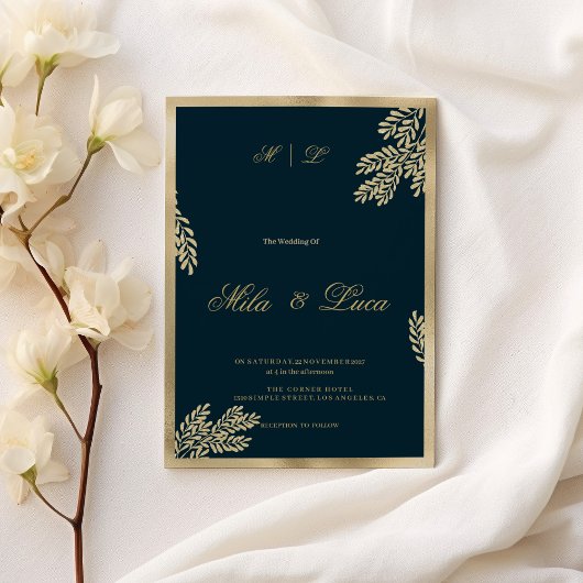 Invitation Navy blue gold glitter leaf floral Wedding 