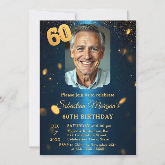 Invitation Navy Blue Gold Glitter Photo 60th Birthday Party (Devant)