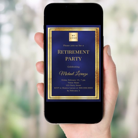 Invitation Navy blue gold retirement party business logo