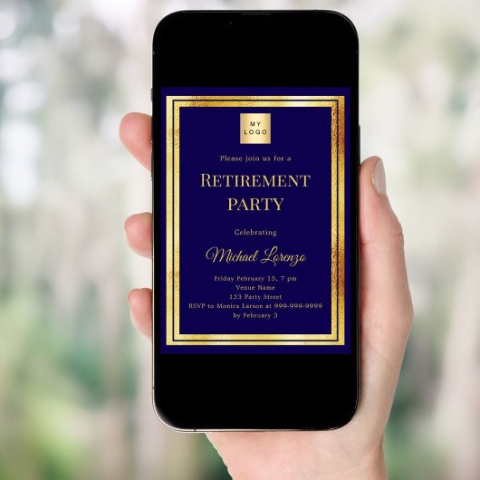 Invitation Navy blue gold retirement party business logo