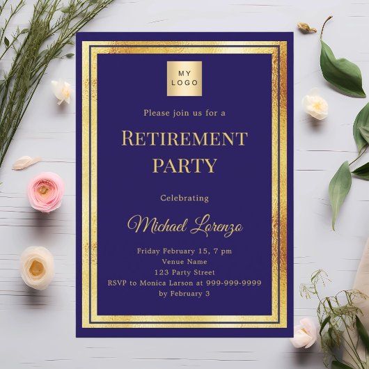 Invitation Navy blue gold retirement party business logo