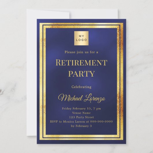 Invitation Navy blue gold retirement party business logo (Devant)