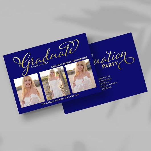Invitation Navy Blue Gold Script Photo Collage Graduation