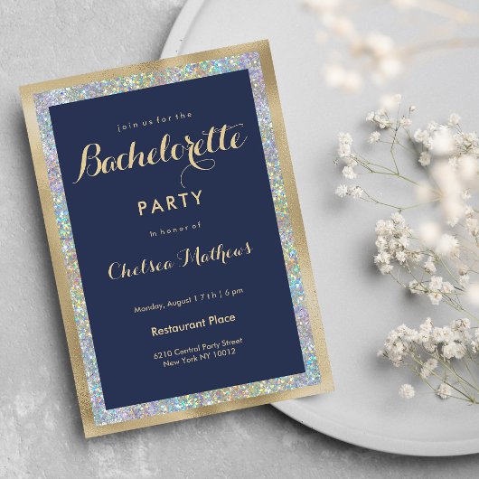 Invitation Navy blue gold silver holographic Bachelorette 