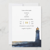 Invitation Navy Blue Golden Sunset Lighthouse Beach Mariage (Devant)