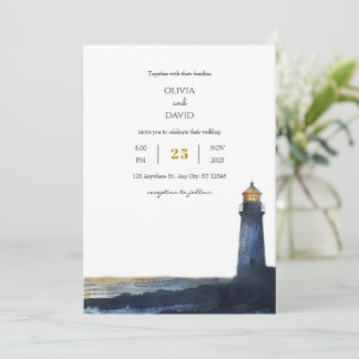 Invitation Navy Blue Golden Sunset Lighthouse Beach Mariage