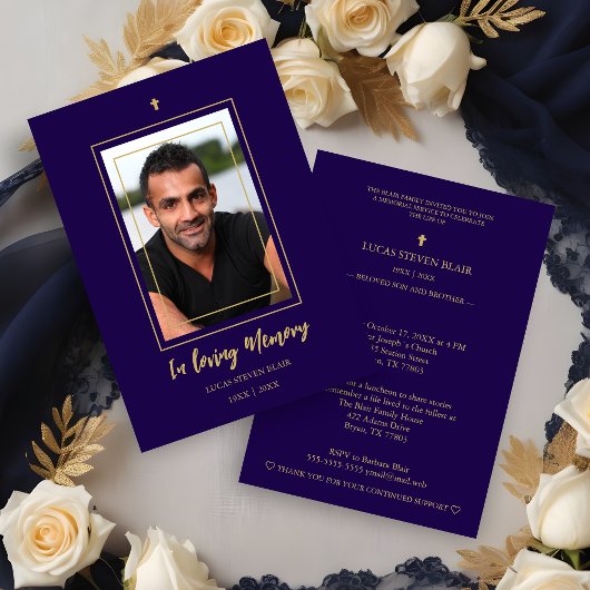 Invitation Navy Blue & Golden Traditional Elegant Funeral 