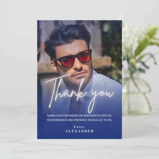Invitation Navy blue Gradient Photo Birthday Thank you card (Debout devant)