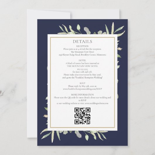 Invitation Navy Blue Green All In One QR Code Mariage (Dos)