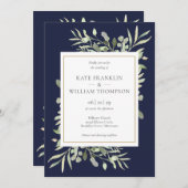 Invitation Navy Blue Green All In One QR Code Mariage (Devant / Derrière)