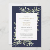 Invitation Navy Blue Greenery Funeral Celebration of Life (Devant)