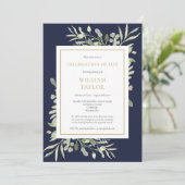 Invitation Navy Blue Greenery Funeral Celebration of Life (Debout devant)