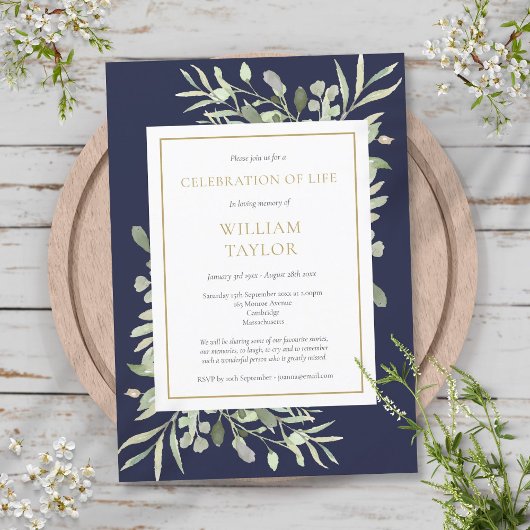 Invitation Navy Blue Greenery Funeral Celebration of Life