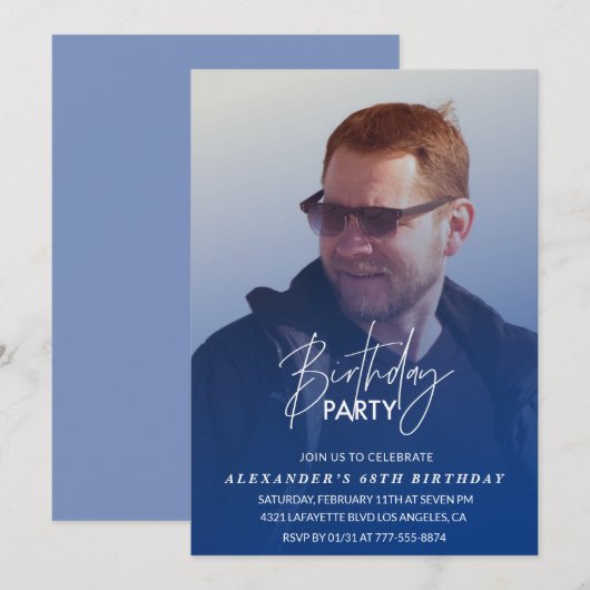 Invitation Navy blue Hommes Photo 68e anniversaire de fête In (Devant / Derrière)