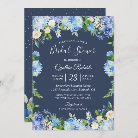 Invitation Navy Blue Hydrangea Floral Gorgey Fête des mariées (Devant / Derrière)