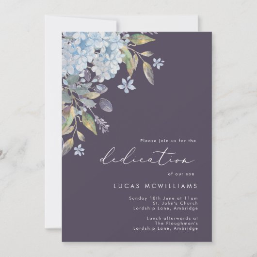 Invitation Navy Blue Hydrangeas Baby Dedication (Devant)