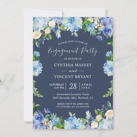 Invitation Navy Blue Hydrangeas Floral Engagement Party (Devant)