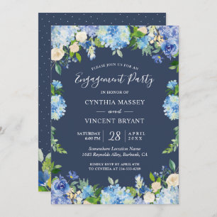 Invitation Navy Blue Hydrangeas Floral Engagement Party
