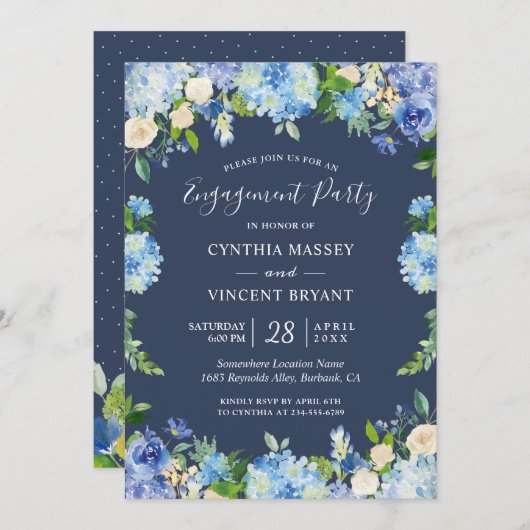 Invitation Navy Blue Hydrangeas Floral Engagement Party (Devant / Derrière)