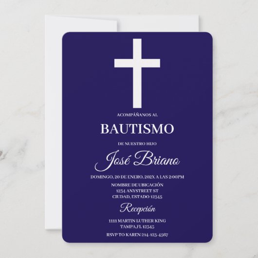 Invitation Navy blue in Spanish Baptism (Devant)