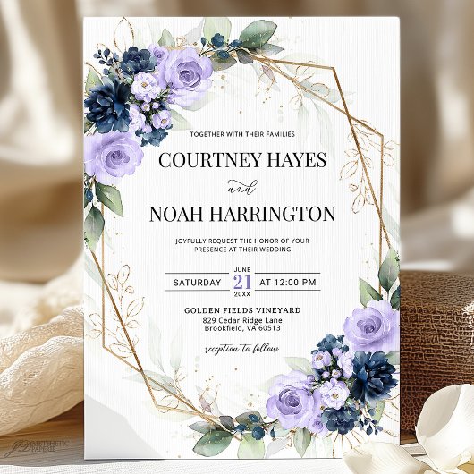 Invitation Navy Blue Lavender Purple Gold Geometric Wedding