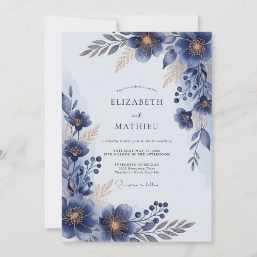 Invitation Navy Blue Lustrous Floral Wedding (Devant)