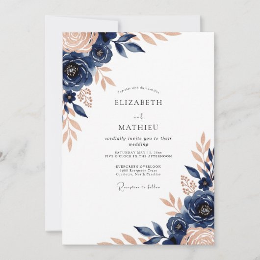 Invitation Navy Blue Luxe Botanical Wedding (Devant)